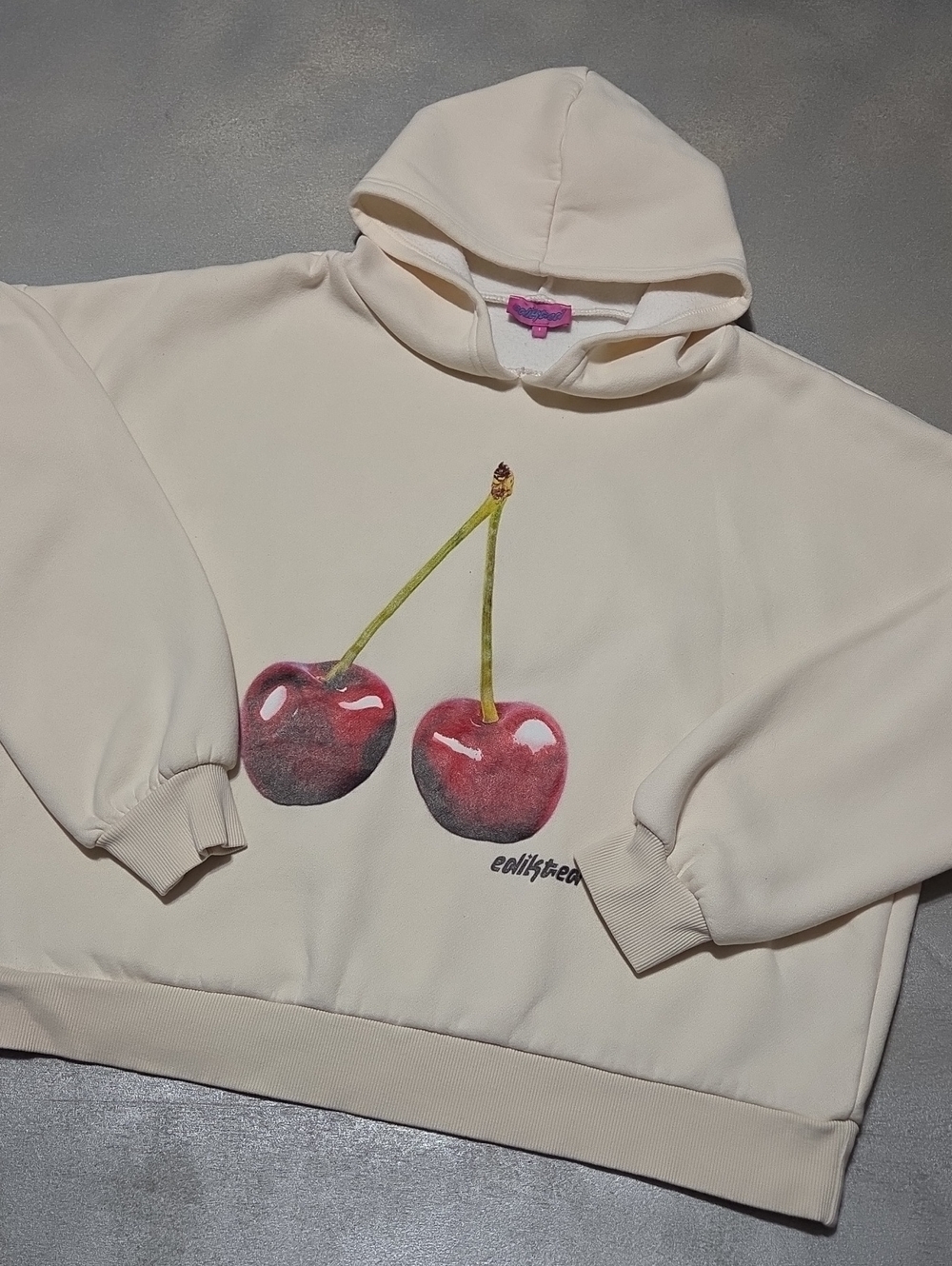 Edikted Cream Pullover Hoodie with Cherry Print Oversized